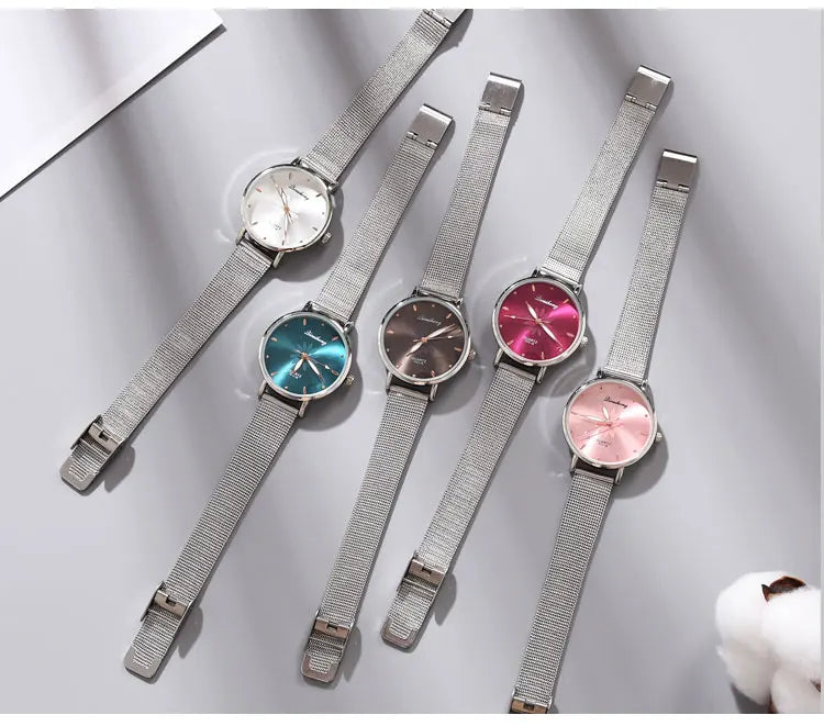 Luxury Silver Popular Pink Dial Flowers Metal Ladies Bracelet Quartz Wrist Watch