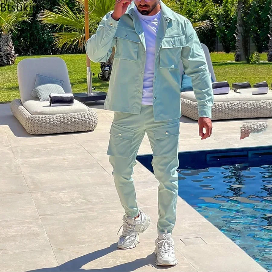 2025 Fashion Men's Casual Sets Male Trend Streetwear Long Sleeve Jacket Coat+Leggings Pants