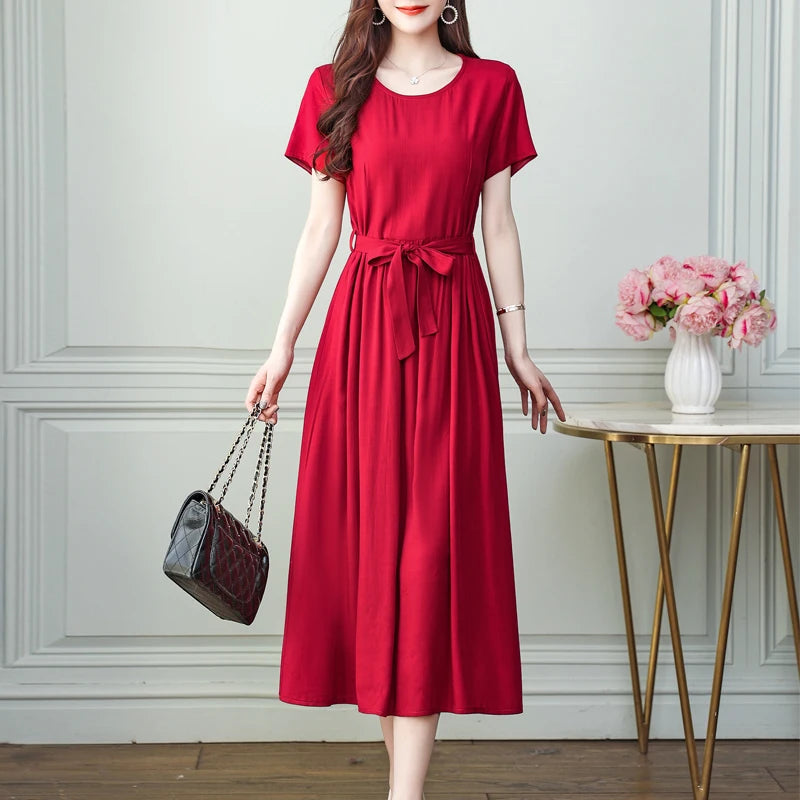 New Fashion Summer Dresses For Women 2025 Elegant Casual Short Sleeve Midi Dress