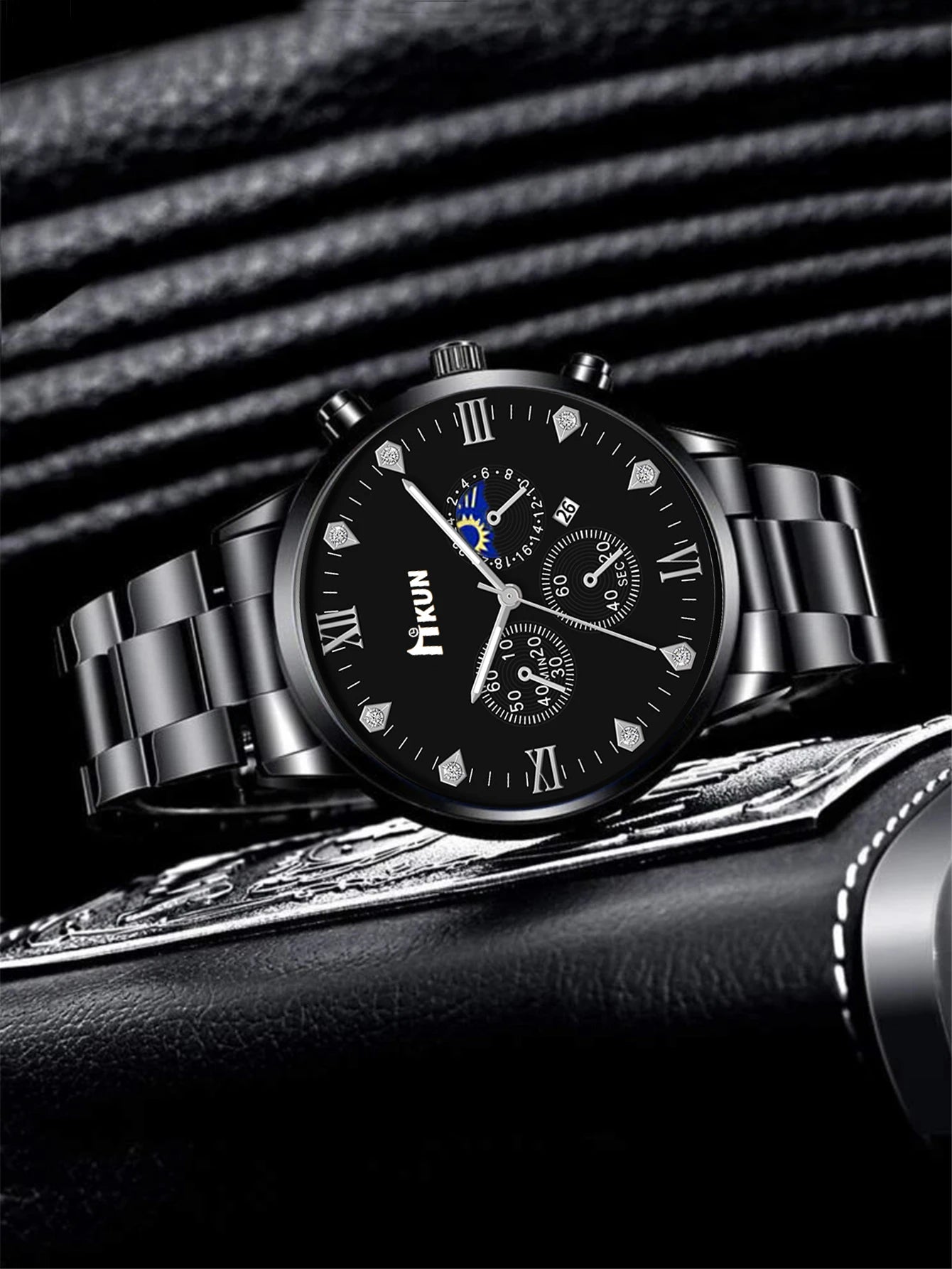 Black men's trendy watch, alloy strap, alloy bracelet, alloy necklace, alloy ring, men's gift set combination