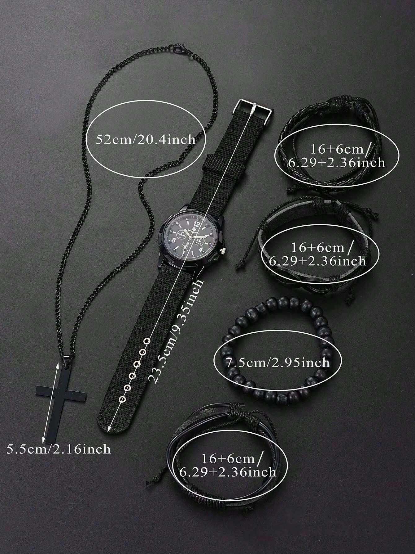 6pcs_Set Leather '8' Shape Beaded Bracelet With Mechanical Watch, Cross Pendant Necklace For Men