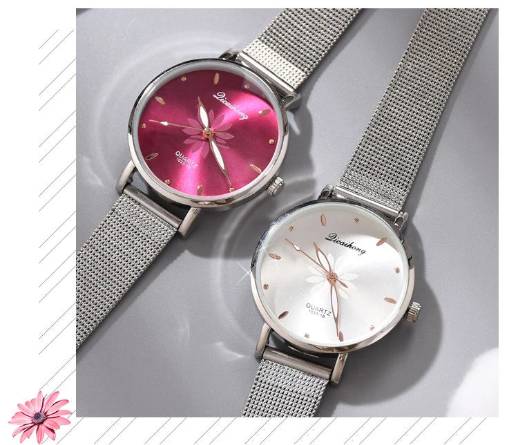 Luxury Silver Popular Pink Dial Flowers Metal Ladies Bracelet Quartz Wrist Watch