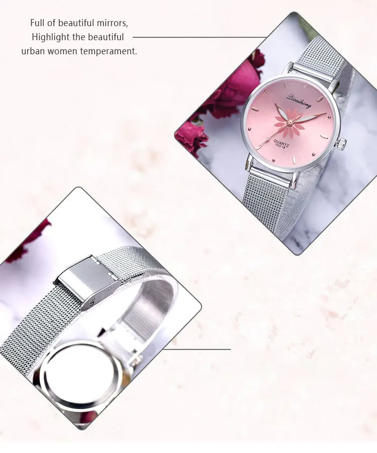 Luxury Silver Popular Pink Dial Flowers Metal Ladies Bracelet Quartz Wrist Watch