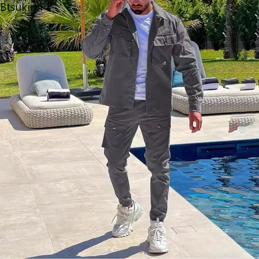 2025 Fashion Men's Casual Sets Male Trend Streetwear Long Sleeve Jacket Coat+Leggings Pants