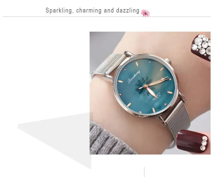 Luxury Silver Popular Pink Dial Flowers Metal Ladies Bracelet Quartz Wrist Watch