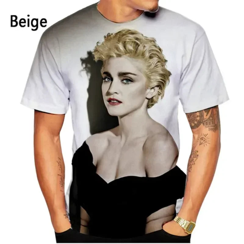 Fashion Men Clothing New Pop Singer Madonna 3D Print T-shirt Casual Round Neck Short Sleeve Unisex Tops Tees
