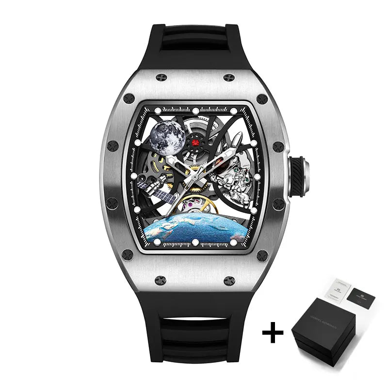 Men's Automatic Tonneau Mechanical Clock Earth Dial Waterproof Luxury Luminous Skeleton WristWatch