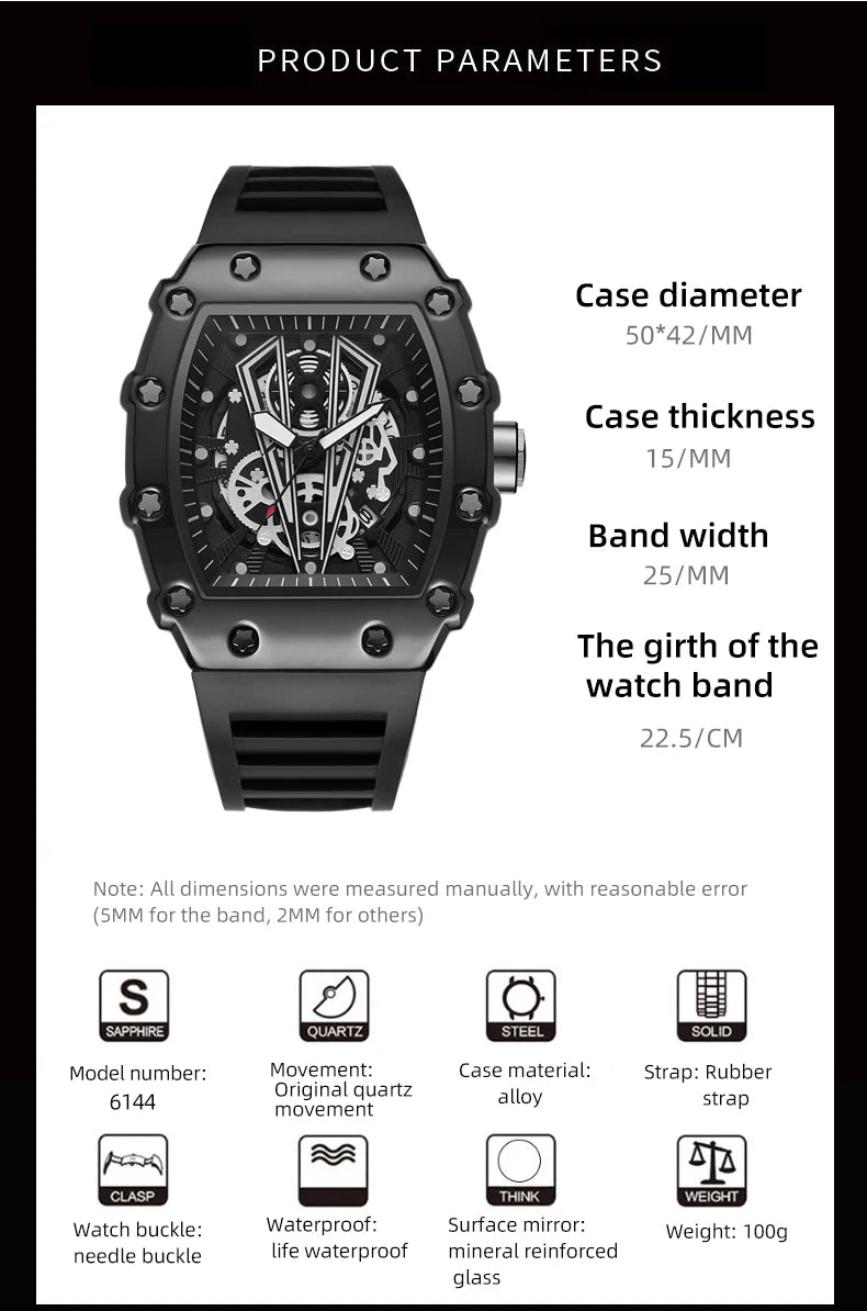 Foreign Trade Watch Large Dial For Men Quartz Waterproof Sport Square Luminous Watch
