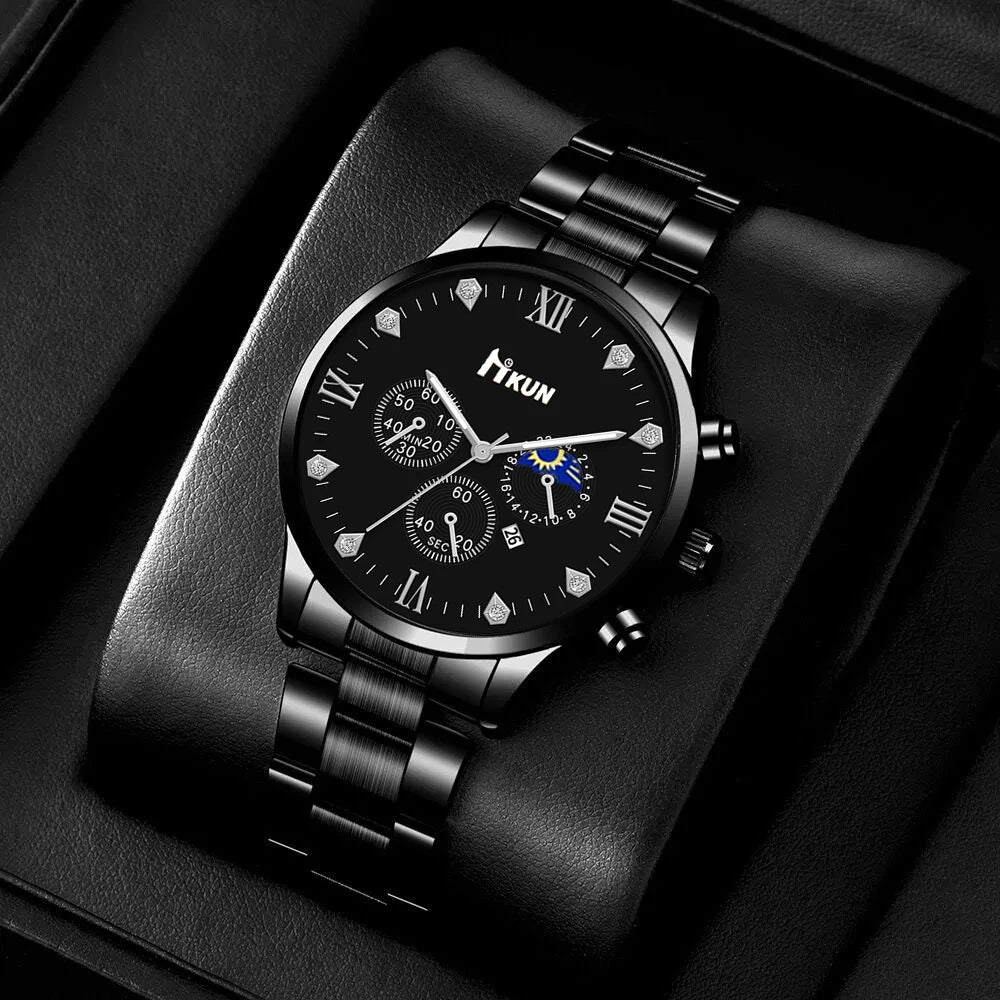 Black men's trendy watch, alloy strap, alloy bracelet, alloy necklace, alloy ring, men's gift set combination