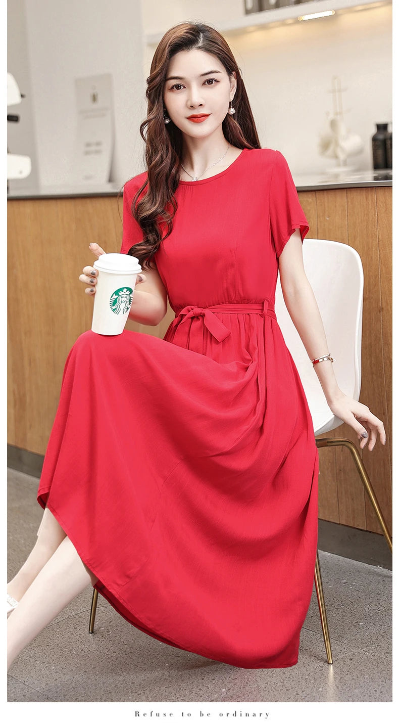 New Fashion Summer Dresses For Women 2025 Elegant Casual Short Sleeve Midi Dress