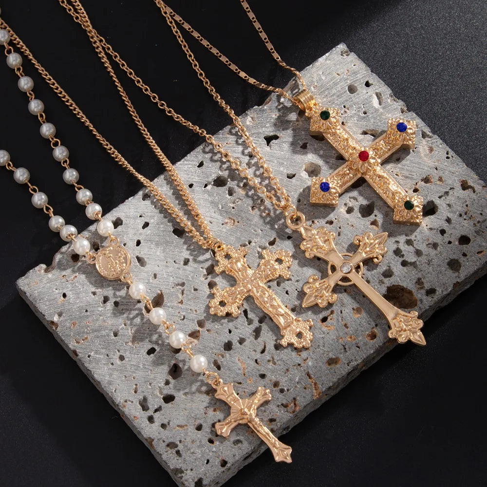 Men’s Cross Necklace Set, Hip-Hop Niche Pearl Chain, Stylish Collar Jewelry, Daily/Street Versatile, Perfect Gift,Limited Offer