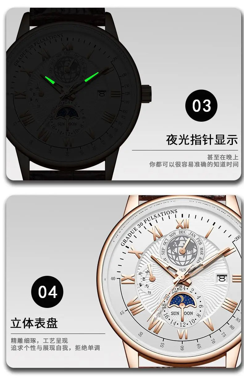 2024 Top Luxury Sport Men's Wristwatch Waterproof Luminous Leather Date Quartz Watch