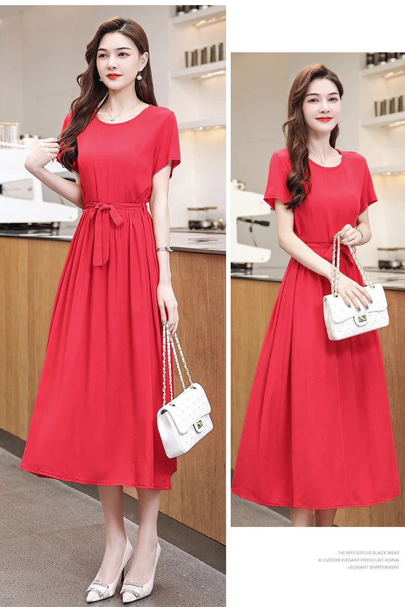 New Fashion Summer Dresses For Women 2025 Elegant Casual Short Sleeve Midi Dress