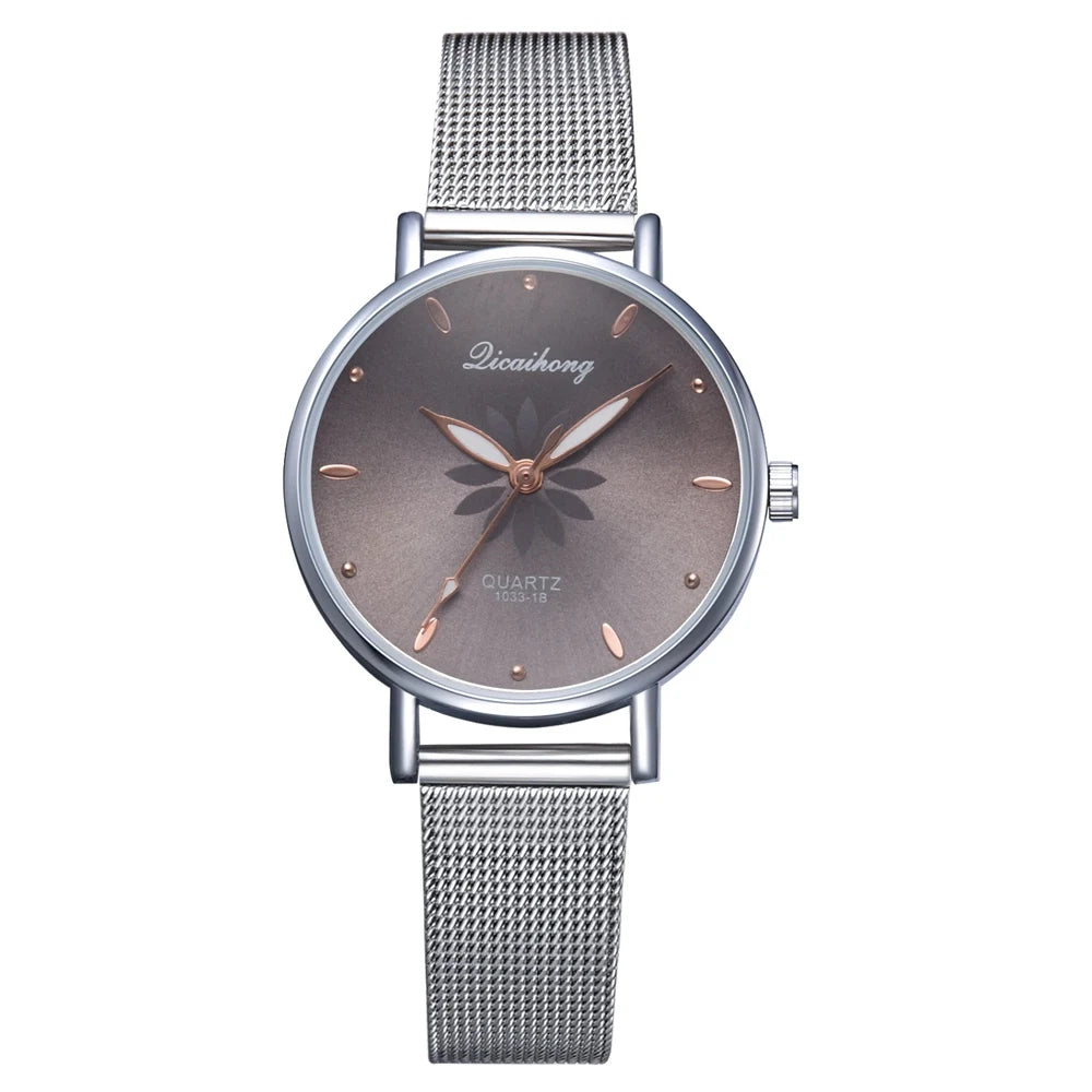 Luxury Silver Popular Pink Dial Flowers Metal Ladies Bracelet Quartz Wrist Watch