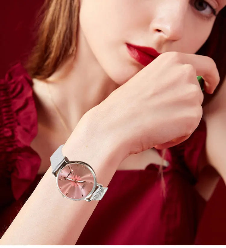 Luxury Silver Popular Pink Dial Flowers Metal Ladies Bracelet Quartz Wrist Watch