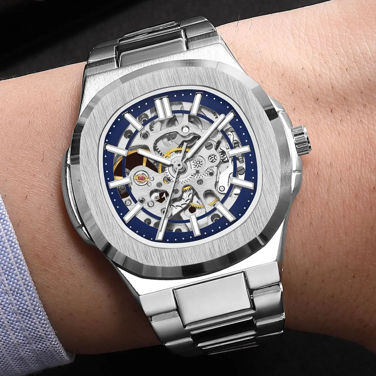 Luxury Automatic Mechanical Wristwatch For Men Skeleton Stainless Steel Sapphire glass Male Clock 2023