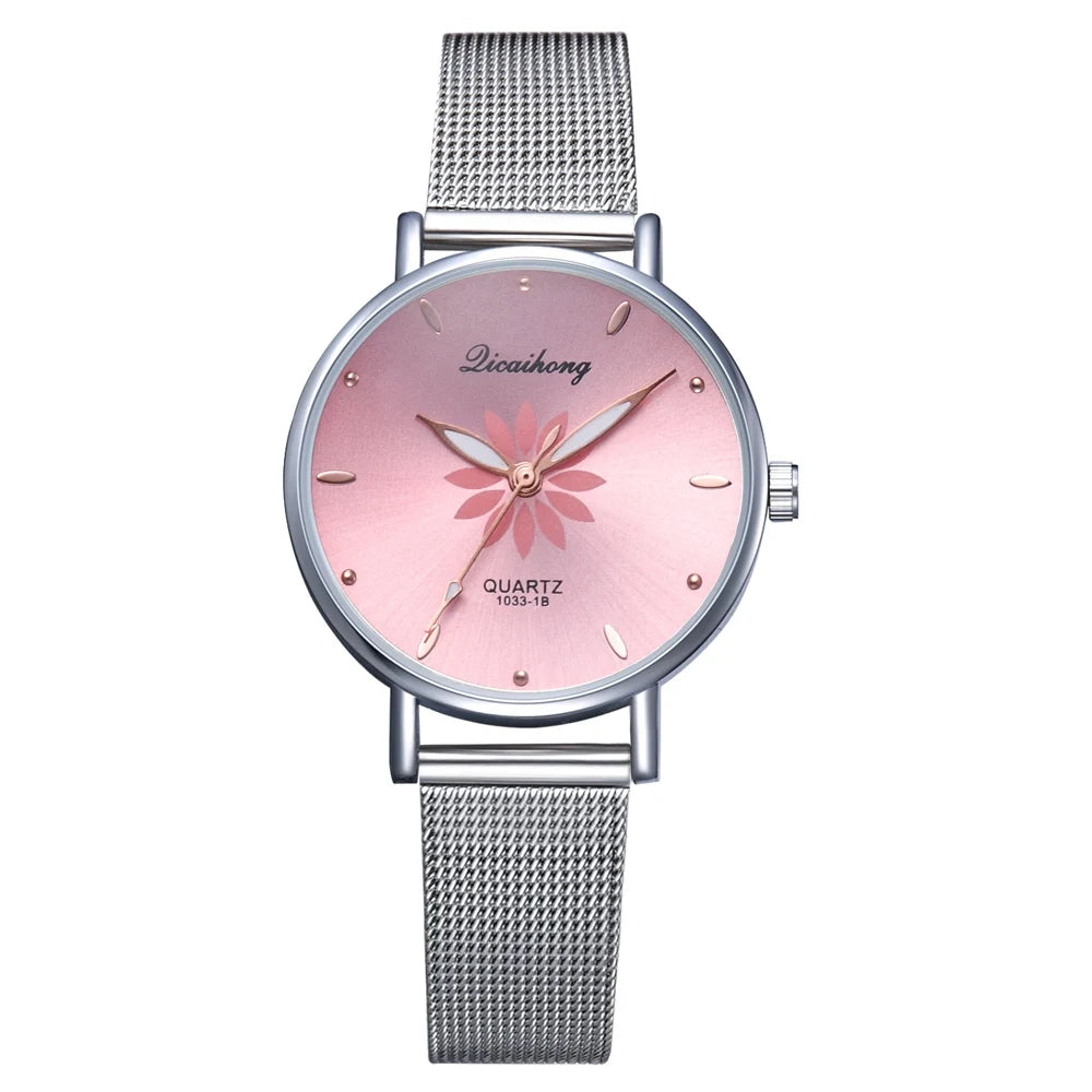 Luxury Silver Popular Pink Dial Flowers Metal Ladies Bracelet Quartz Wrist Watch