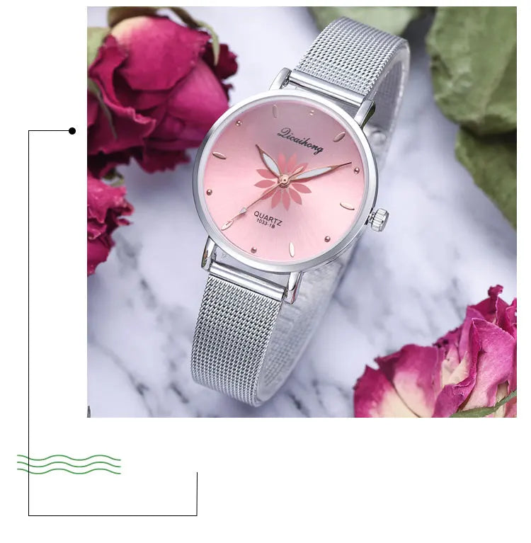 Luxury Silver Popular Pink Dial Flowers Metal Ladies Bracelet Quartz Wrist Watch