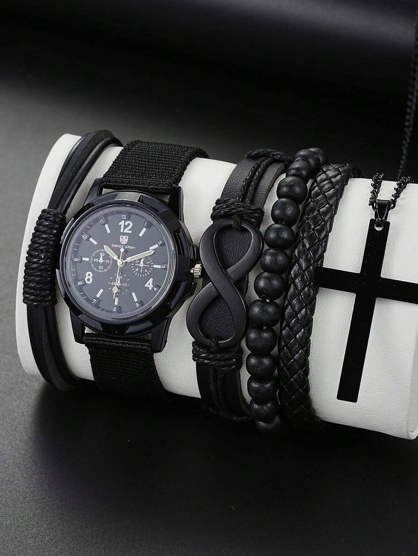 6pcs_Set Leather '8' Shape Beaded Bracelet With Mechanical Watch, Cross Pendant Necklace For Men