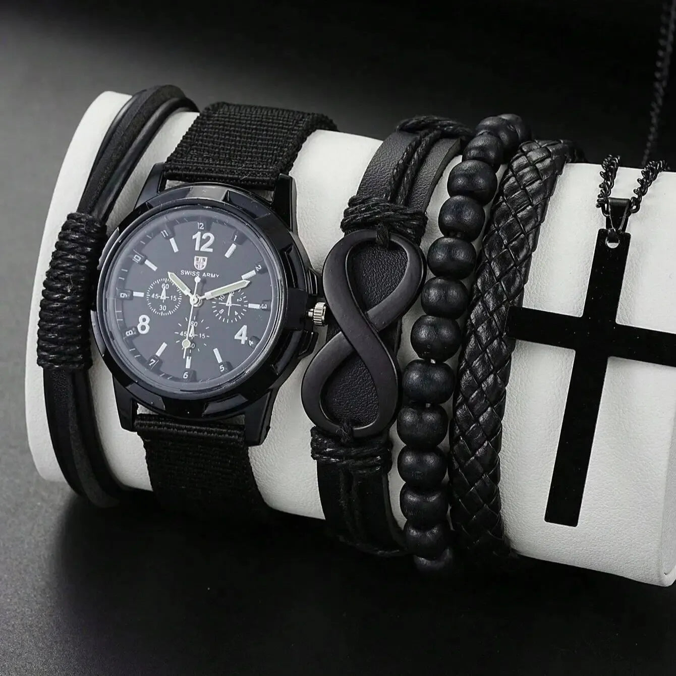6pcs_Set Leather '8' Shape Beaded Bracelet With Mechanical Watch, Cross Pendant Necklace For Men
