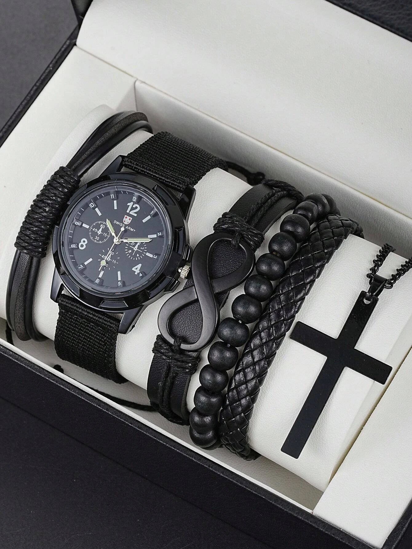 6pcs_Set Leather '8' Shape Beaded Bracelet With Mechanical Watch, Cross Pendant Necklace For Men
