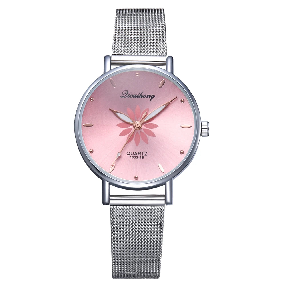 Luxury Silver Popular Pink Dial Flowers Metal Ladies Bracelet Quartz Wrist Watch