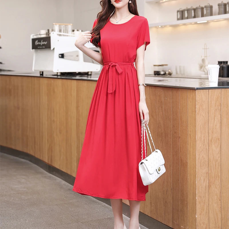 New Fashion Summer Dresses For Women 2025 Elegant Casual Short Sleeve Midi Dress