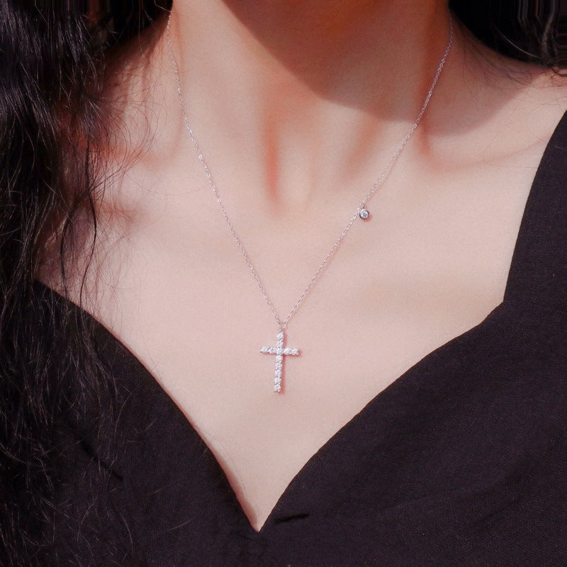 S925 Sterling Silver Simple Diamond Cross Necklace