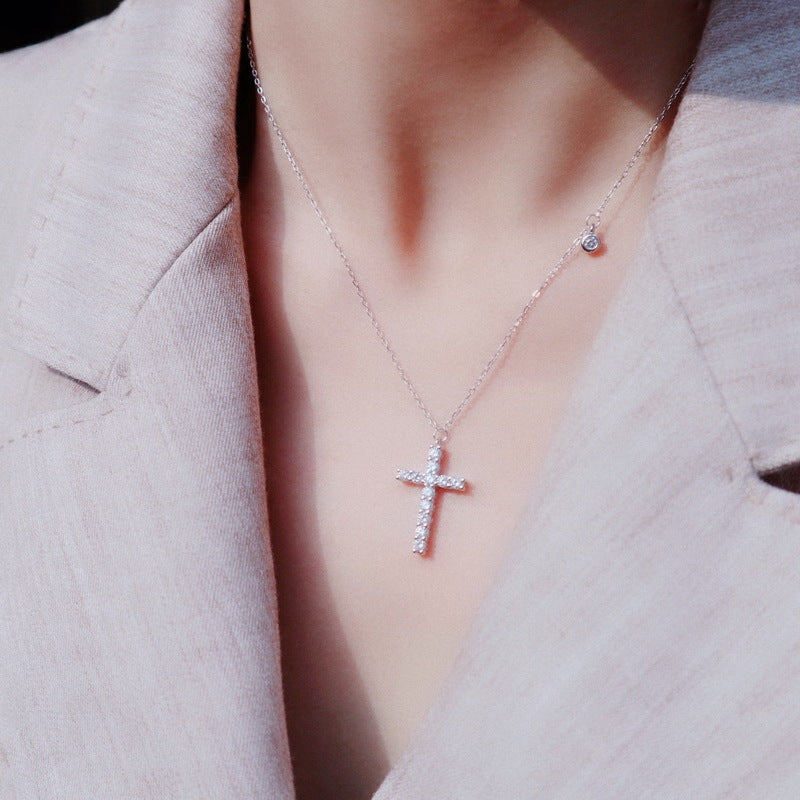 S925 Sterling Silver Simple Diamond Cross Necklace