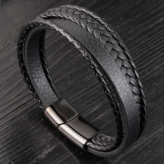 Geometric Pattern Multi-layers Genuine Leather Bracelet For Men