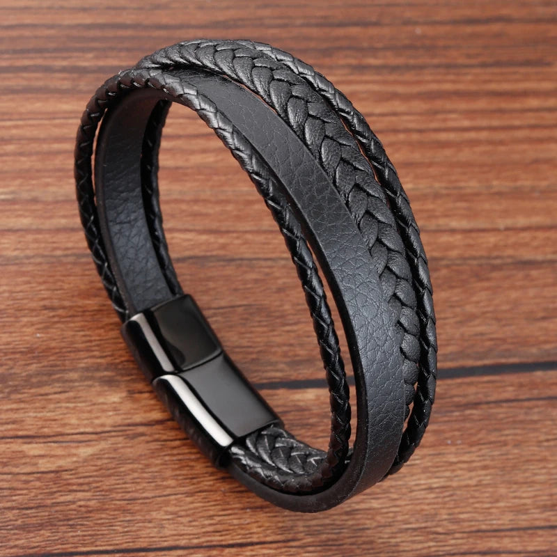 Geometric Pattern Multi-layers Genuine Leather Bracelet For Men
