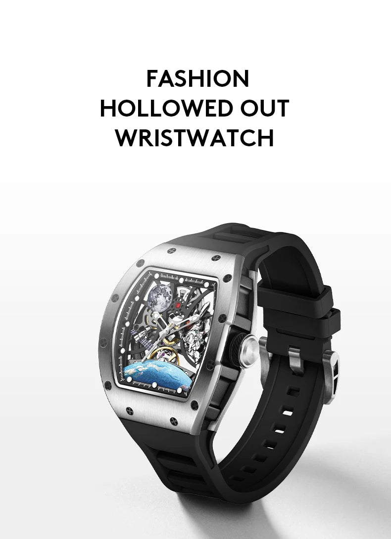 Men's Automatic Tonneau Mechanical Clock Earth Dial Waterproof Luxury Luminous Skeleton WristWatch