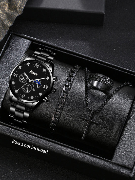 Black men's trendy watch, alloy strap, alloy bracelet, alloy necklace, alloy ring, men's gift set combination