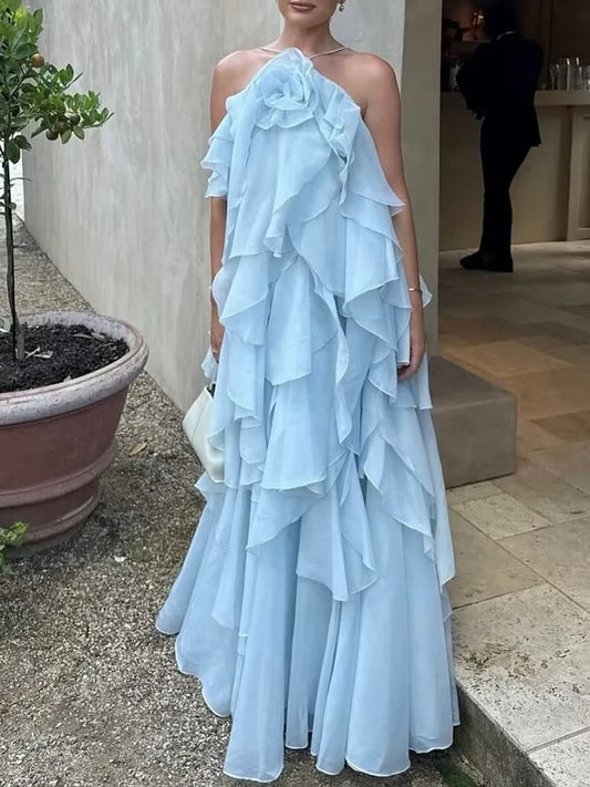 New Women's Clothing European and American Style Fashion Simple Casual Three-Dimensional Flower Layered Decorative Dress