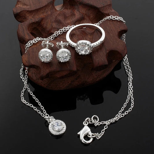 Zircon Crystal Silver Jewelry Necklace Ring Earrings Set Three-Piece Set Jewelry
