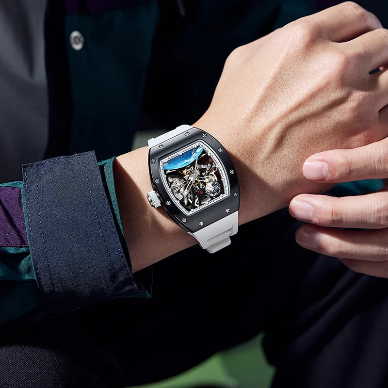 Men's Automatic Tonneau Mechanical Clock Earth Dial Waterproof Luxury Luminous Skeleton WristWatch
