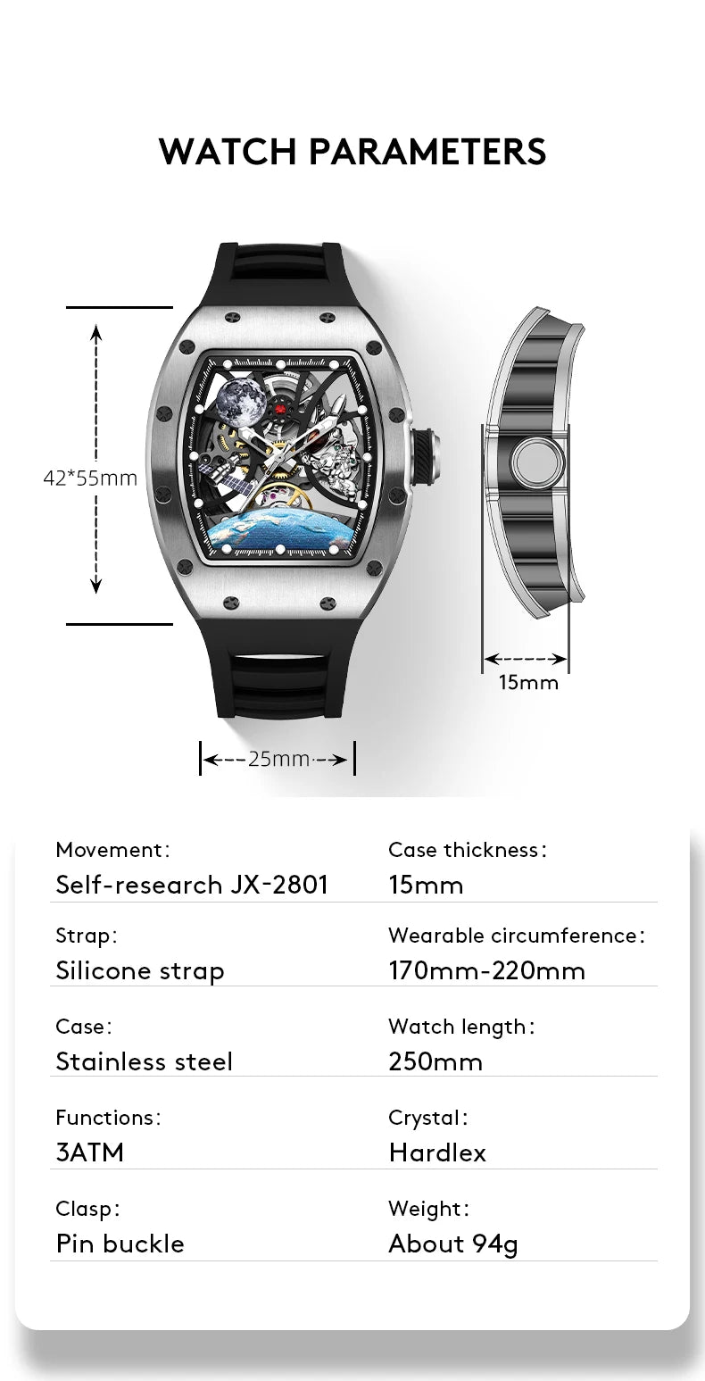 Men's Automatic Tonneau Mechanical Clock Earth Dial Waterproof Luxury Luminous Skeleton WristWatch
