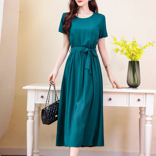 New Fashion Summer Dresses For Women 2025 Elegant Casual Short Sleeve Midi Dress