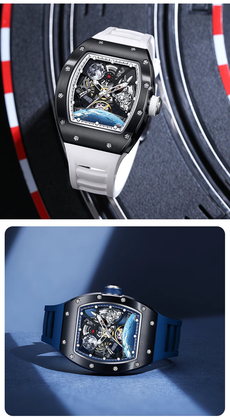 Men's Automatic Tonneau Mechanical Clock Earth Dial Waterproof Luxury Luminous Skeleton WristWatch
