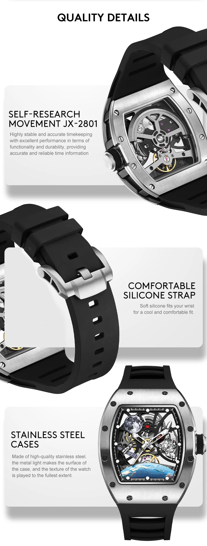 Men's Automatic Tonneau Mechanical Clock Earth Dial Waterproof Luxury Luminous Skeleton WristWatch