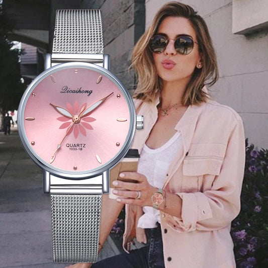 Luxury Silver Popular Pink Dial Flowers Metal Ladies Bracelet Quartz Wrist Watch