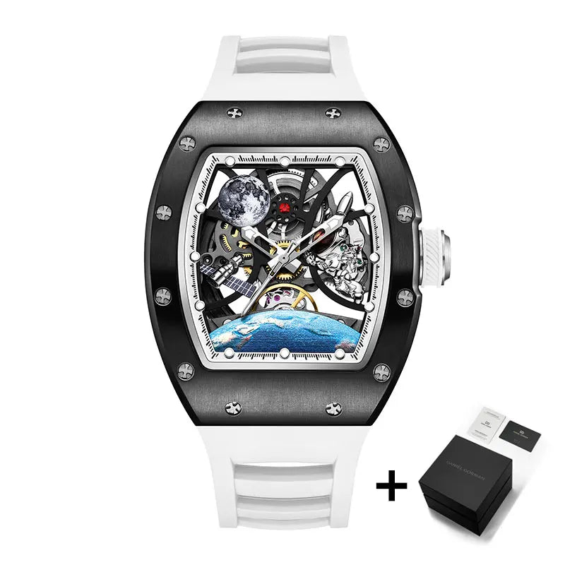 Men's Automatic Tonneau Mechanical Clock Earth Dial Waterproof Luxury Luminous Skeleton WristWatch