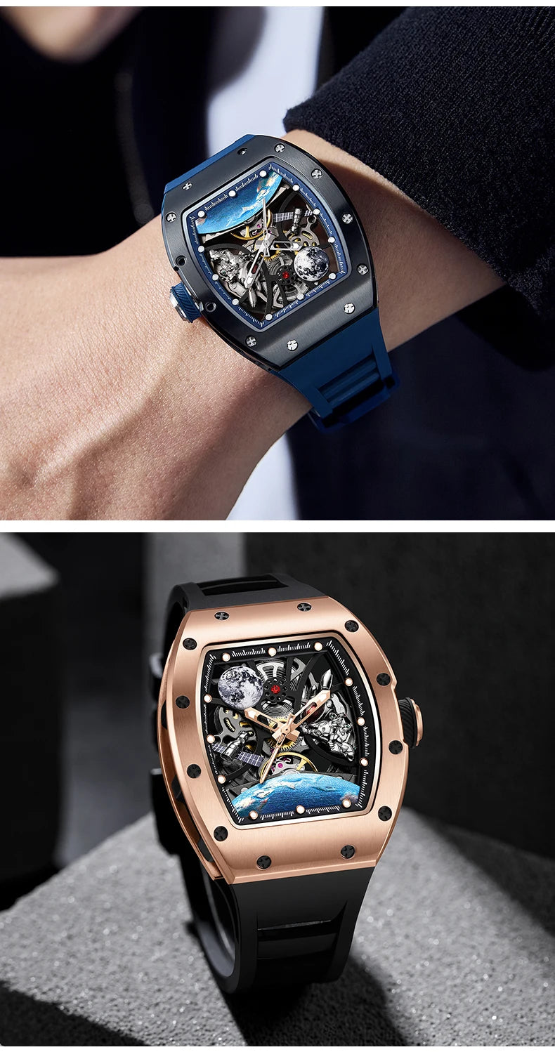 Men's Automatic Tonneau Mechanical Clock Earth Dial Waterproof Luxury Luminous Skeleton WristWatch