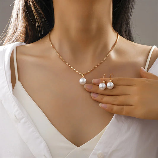3 Pcs Round Pearl Jewelry Set Of Earring Pendant Necklace For Women