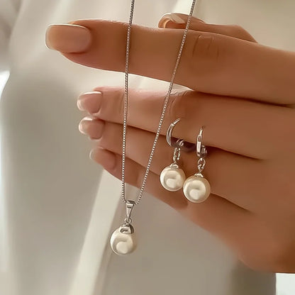 3 Pcs Round Pearl Jewelry Set Of Earring Pendant Necklace For Women