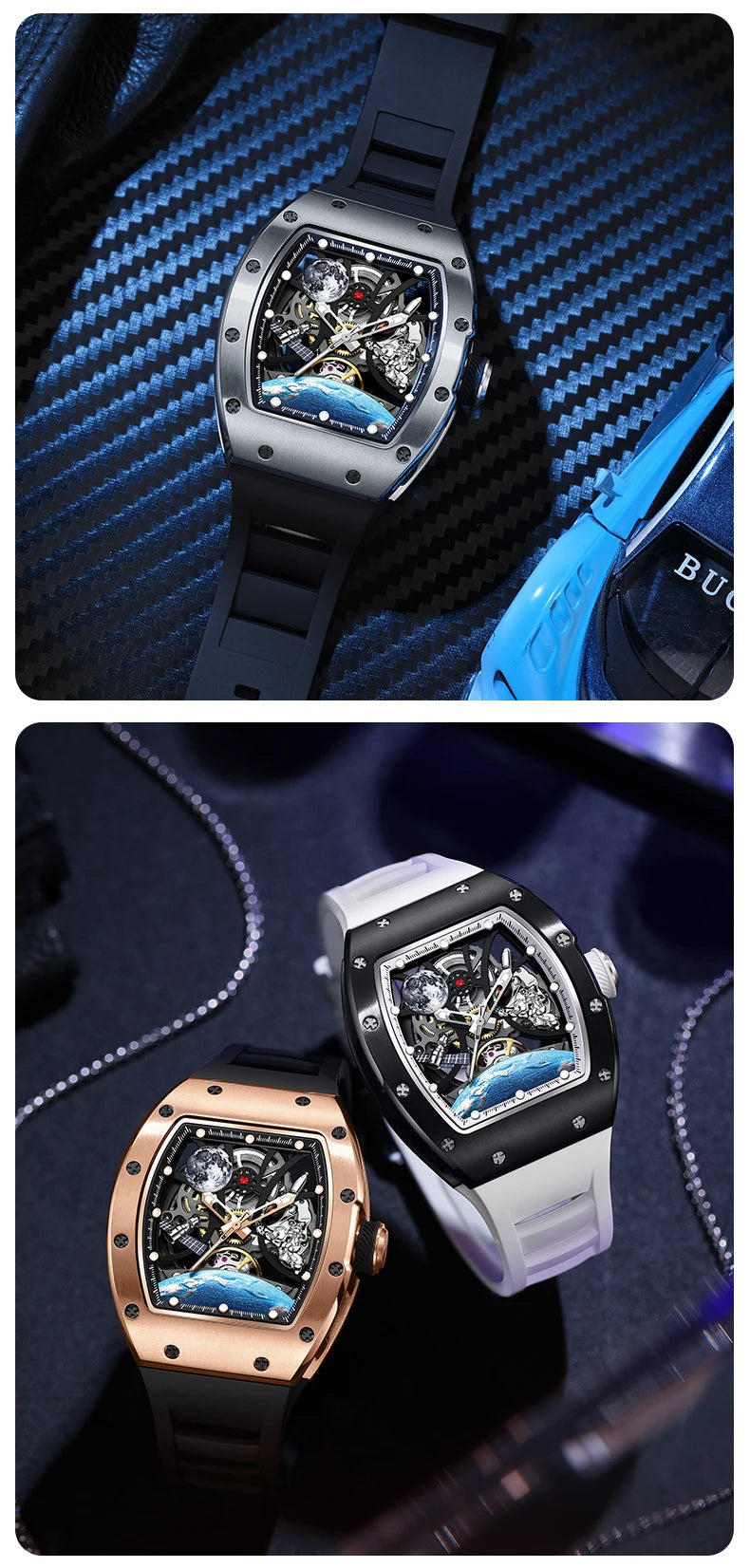 Men's Automatic Tonneau Mechanical Clock Earth Dial Waterproof Luxury Luminous Skeleton WristWatch