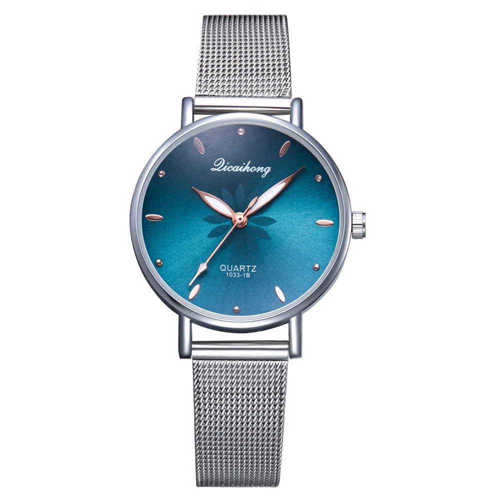 Luxury Silver Popular Pink Dial Flowers Metal Ladies Bracelet Quartz Wrist Watch