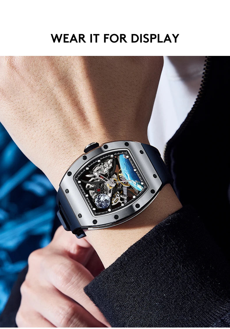 Men's Automatic Tonneau Mechanical Clock Earth Dial Waterproof Luxury Luminous Skeleton WristWatch