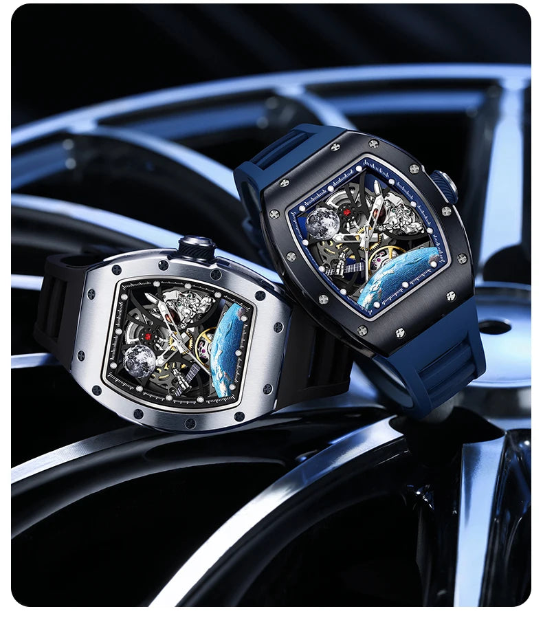 Men's Automatic Tonneau Mechanical Clock Earth Dial Waterproof Luxury Luminous Skeleton WristWatch