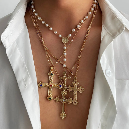 Men’s Cross Necklace Set, Hip-Hop Niche Pearl Chain, Stylish Collar Jewelry, Daily/Street Versatile, Perfect Gift,Limited Offer